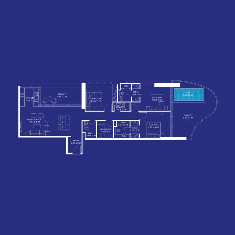3 bedroom + pool floor plan