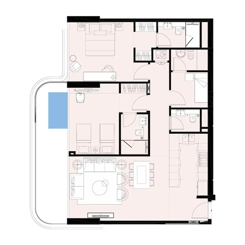2 bedroom + pool floor plan