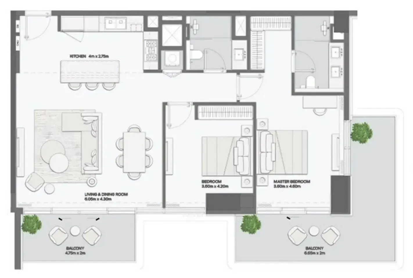 2 Bedrooms apartments - Mansory Residences by Amaal floor plan
