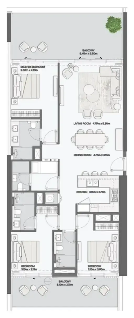 3 Bedrooms apartments - Mansory Residences by Amaal floor plan