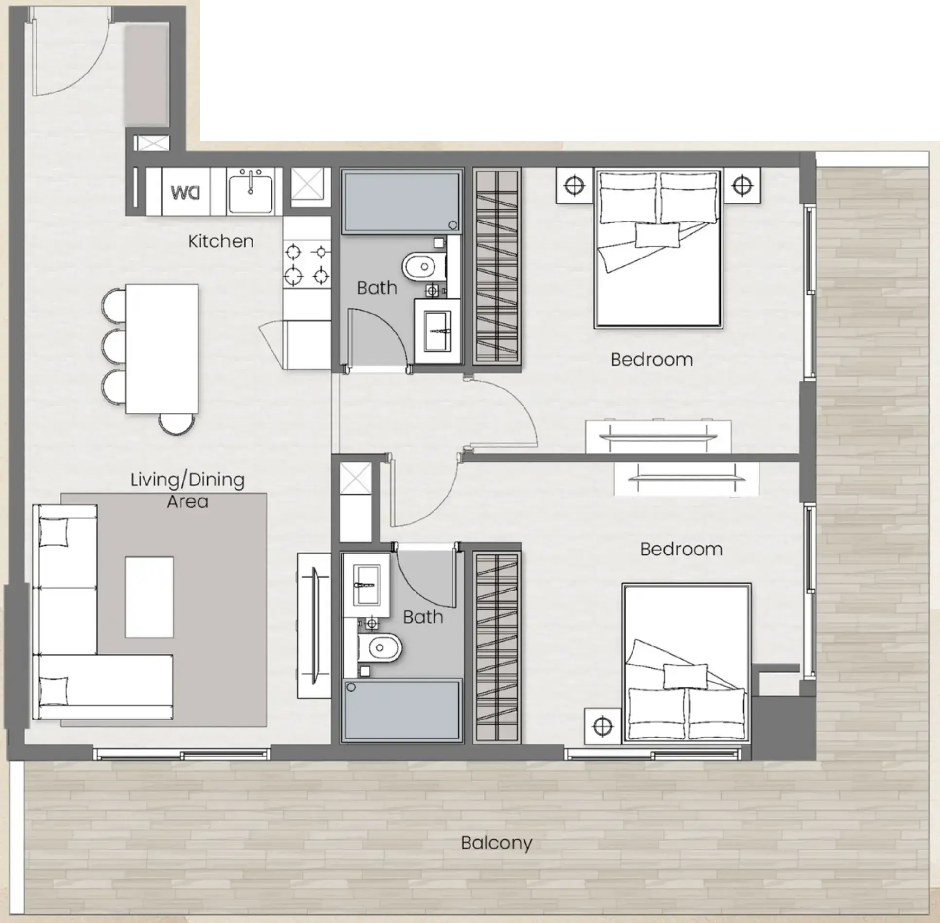 2 Bedrooms apartments - Beverly Park floor plan