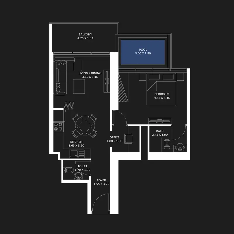 1 bedroom + pool floor plan