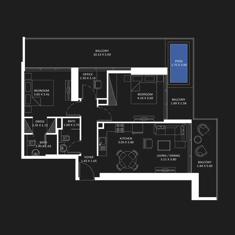 2 bedroom + pool floor plan