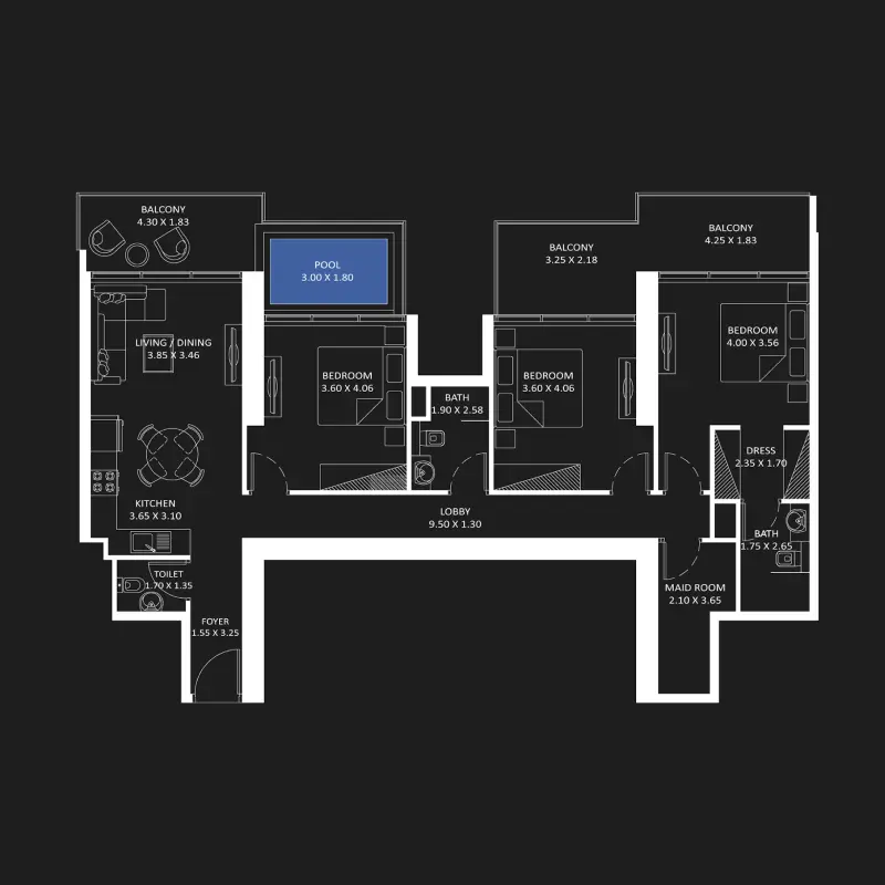 3 bedroom + pool floor plan