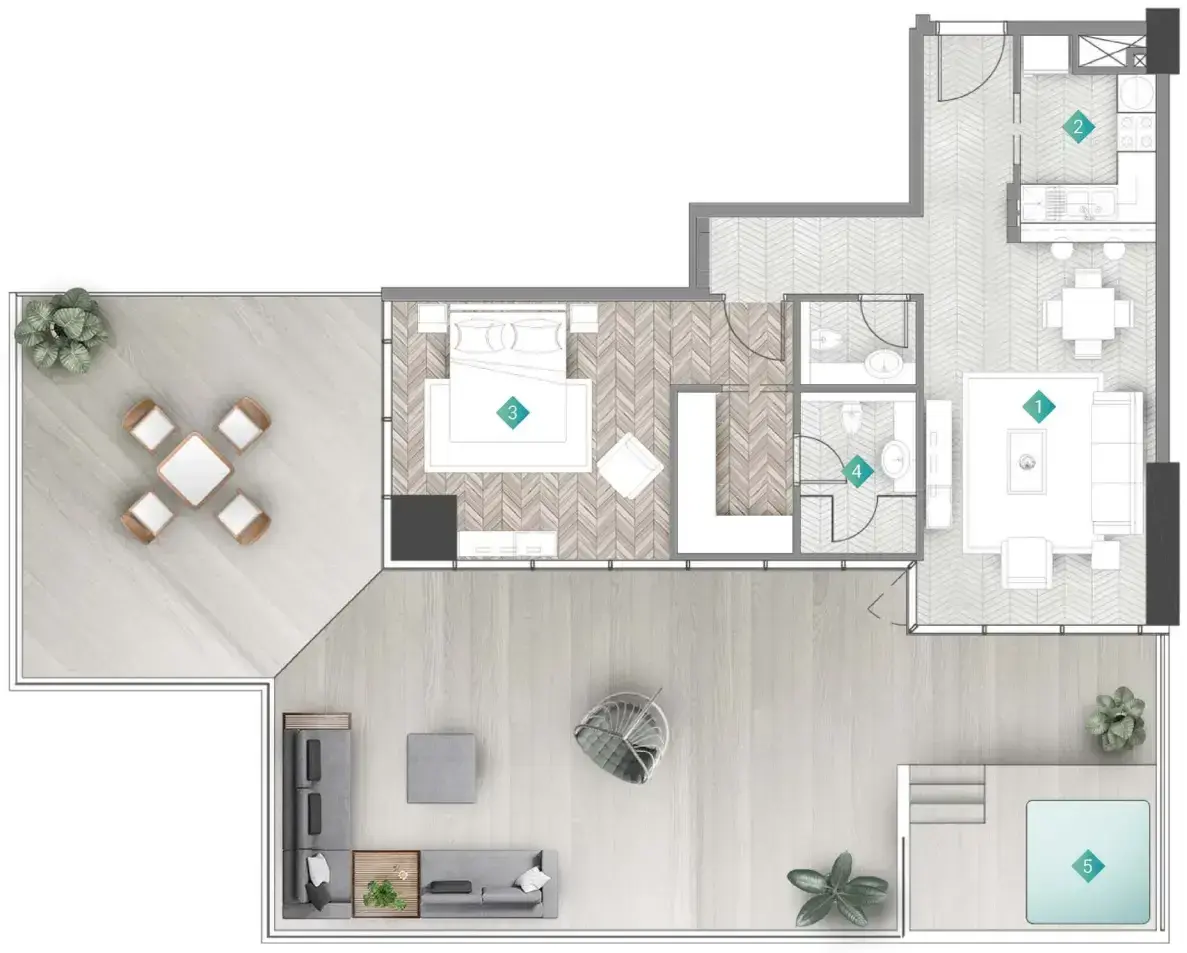 1 Bedroom apartments - Moonstone Interiors by Missoni floor plan