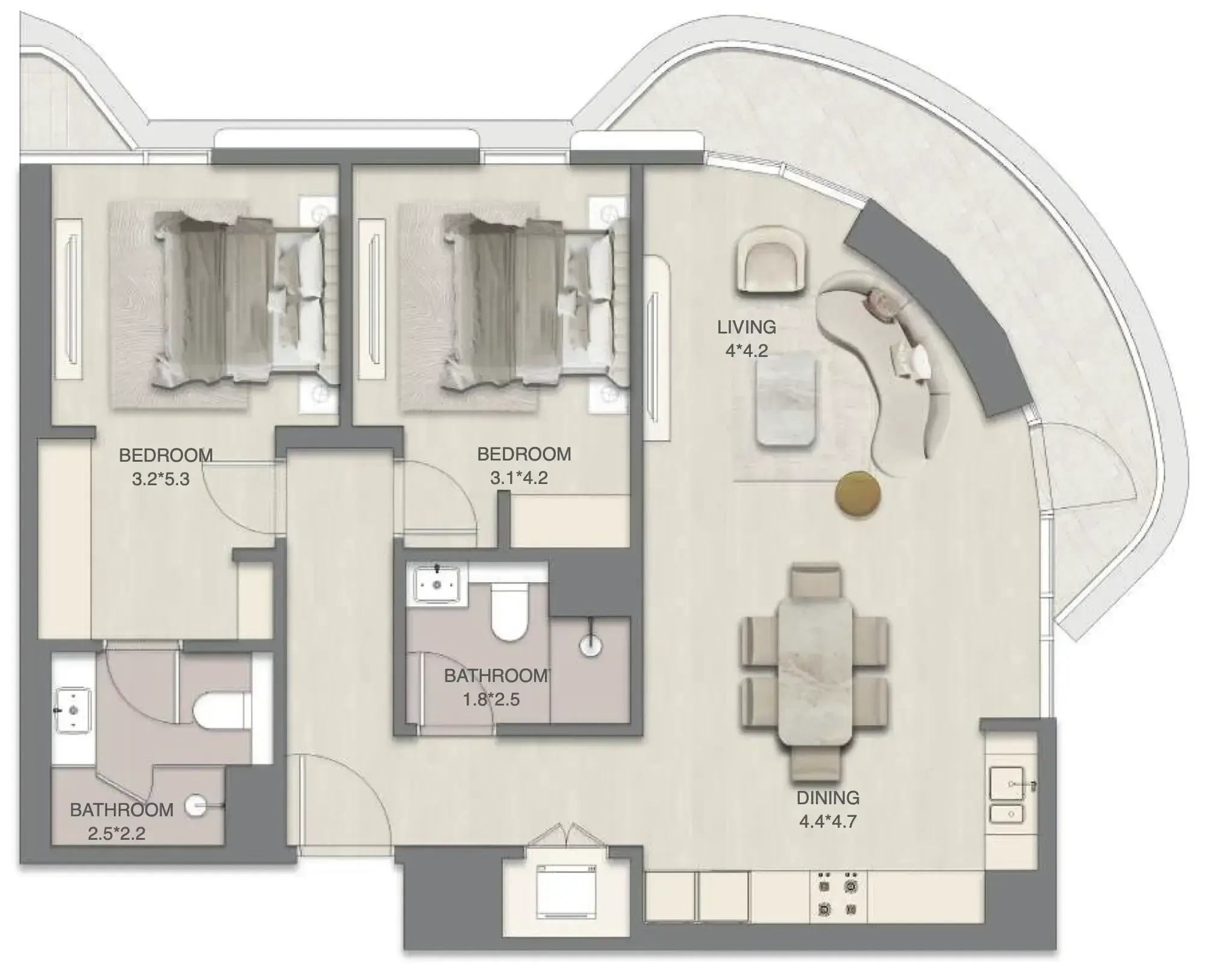 2 Bedrooms apartments - Mirasol Mina floor plan