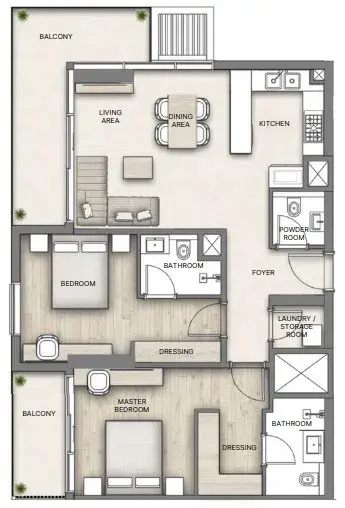 2 Bedrooms apartments - Al Hamra Greens floor plan
