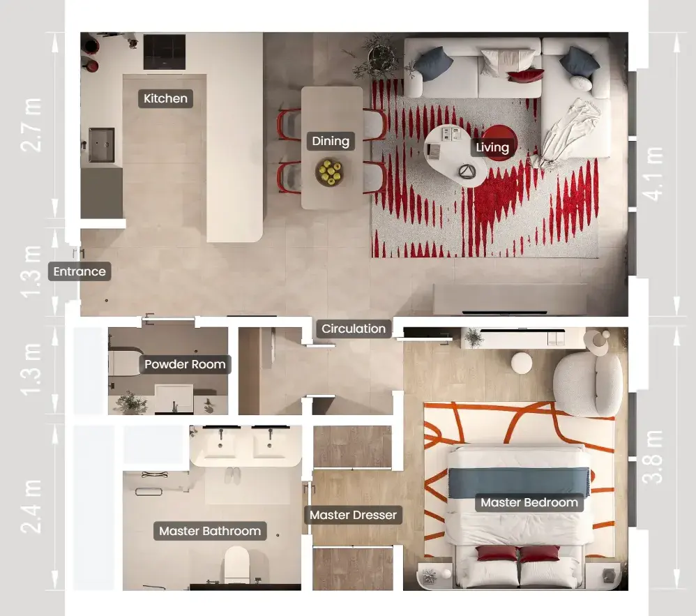 1 Bedroom apartments - Rosso Bay Residences floor plan