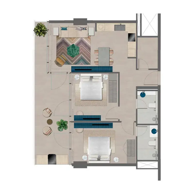 2 Bedrooms apartments - Trio Isle floor plan