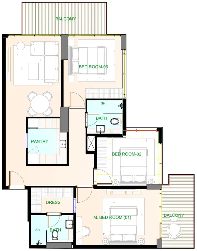 3 Bedrooms apartments - Playa Viva floor plan
