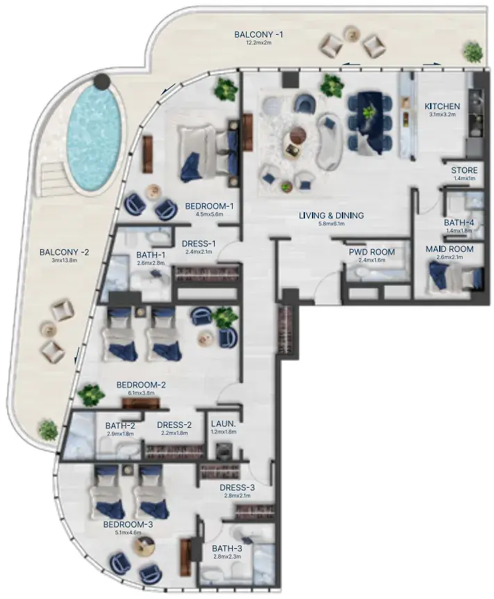 3 Bedrooms apartments - Acacia by BNW Developments floor plan
