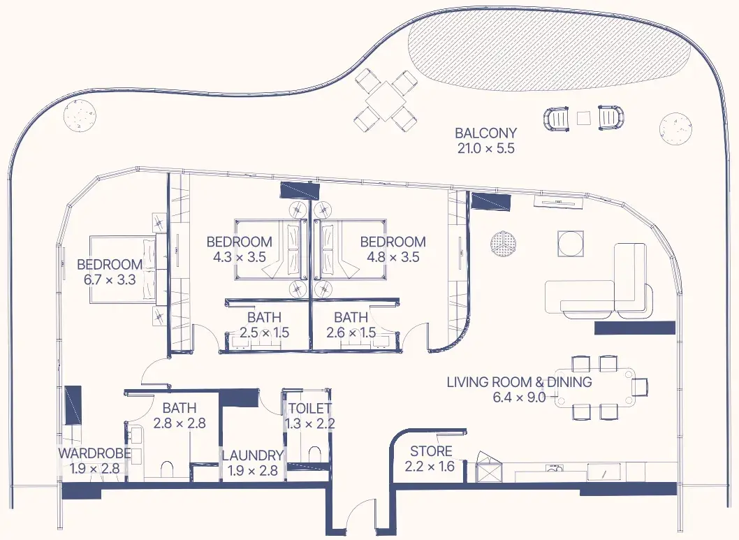 3 Bedrooms apartments - Gianfranco Ferre Residences floor plan