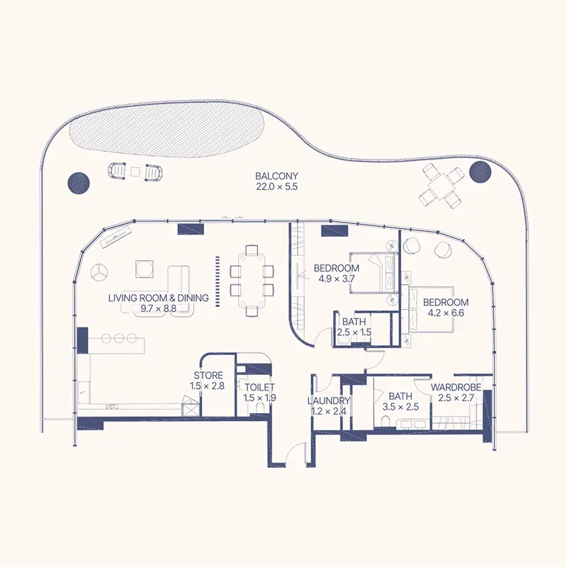 2 bedroom + pool Apartments -  Gianfranco Ferre Residences floor plan