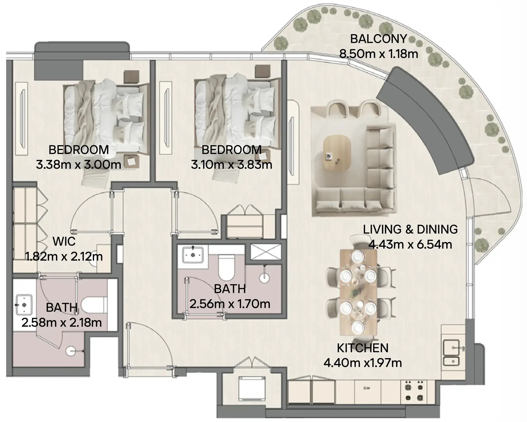 2 Bedrooms apartments - Mirasol II floor plan