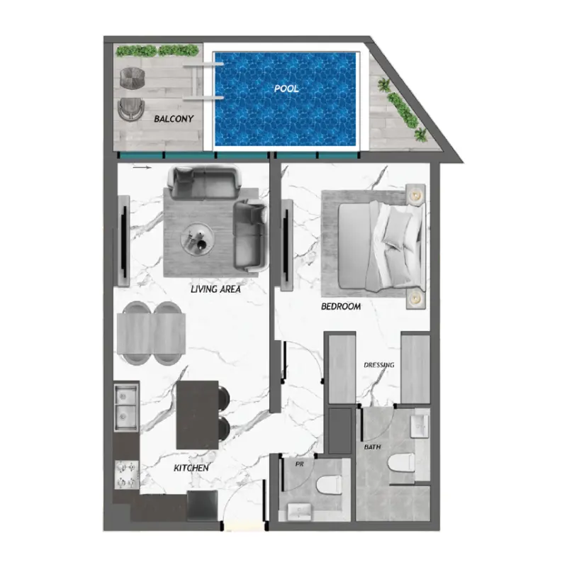 1 bedroom + pool floor plan