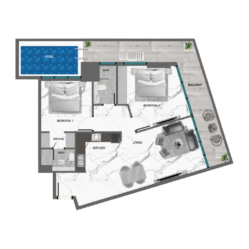 2 bedroom + pool floor plan