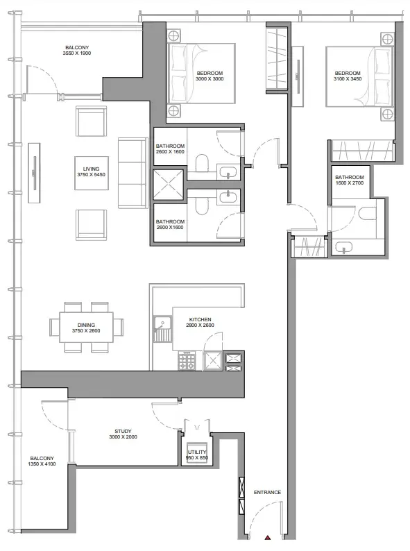 2 Bedrooms apartments - The Element at Sobha One floor plan