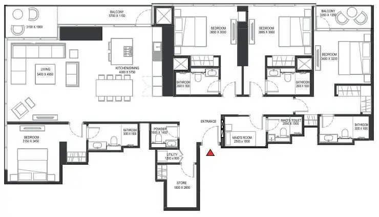 4 Bedrooms apartments - Sobha One floor plan