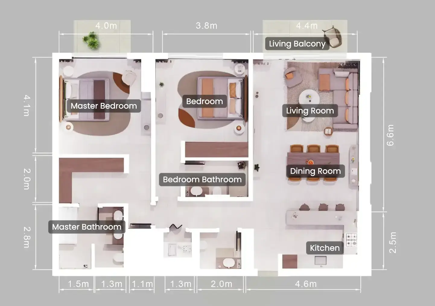 2 Bedrooms apartments - Verdes by Haven floor plan