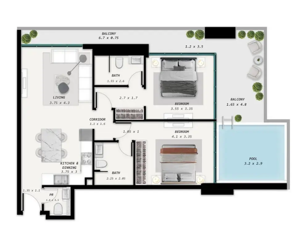 2 Bedrooms apartments - Samana Park Meadows floor plan