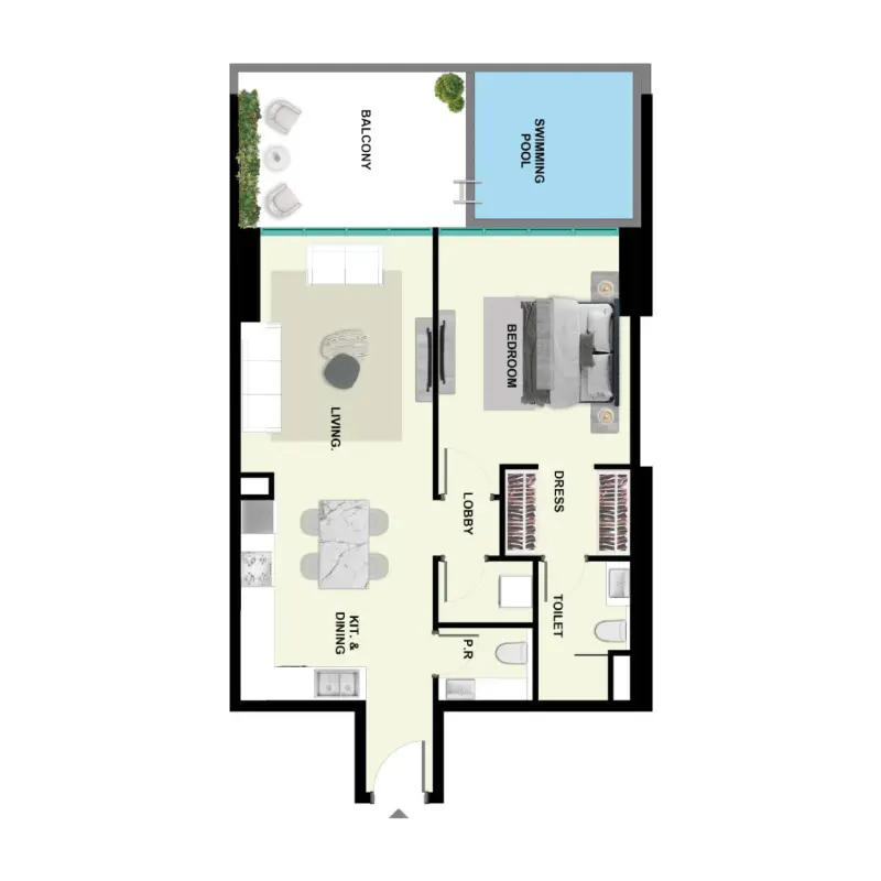 1 bedroom + pool floor plan