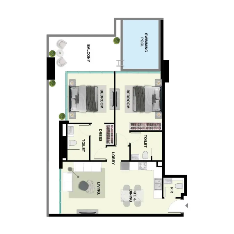 2 bedroom + pool floor plan