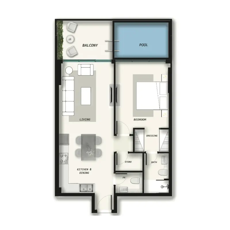 1 bedroom + pool floor plan