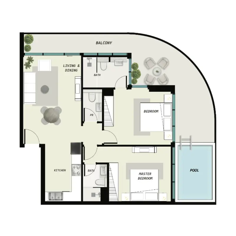 2 bedroom + pool floor plan