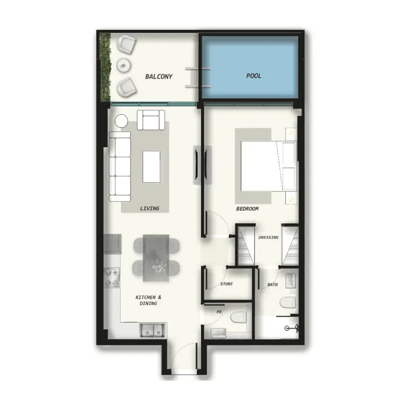 1 bedroom + pool floor plan