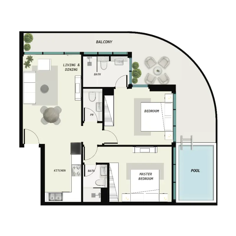 2 bedroom + pool floor plan
