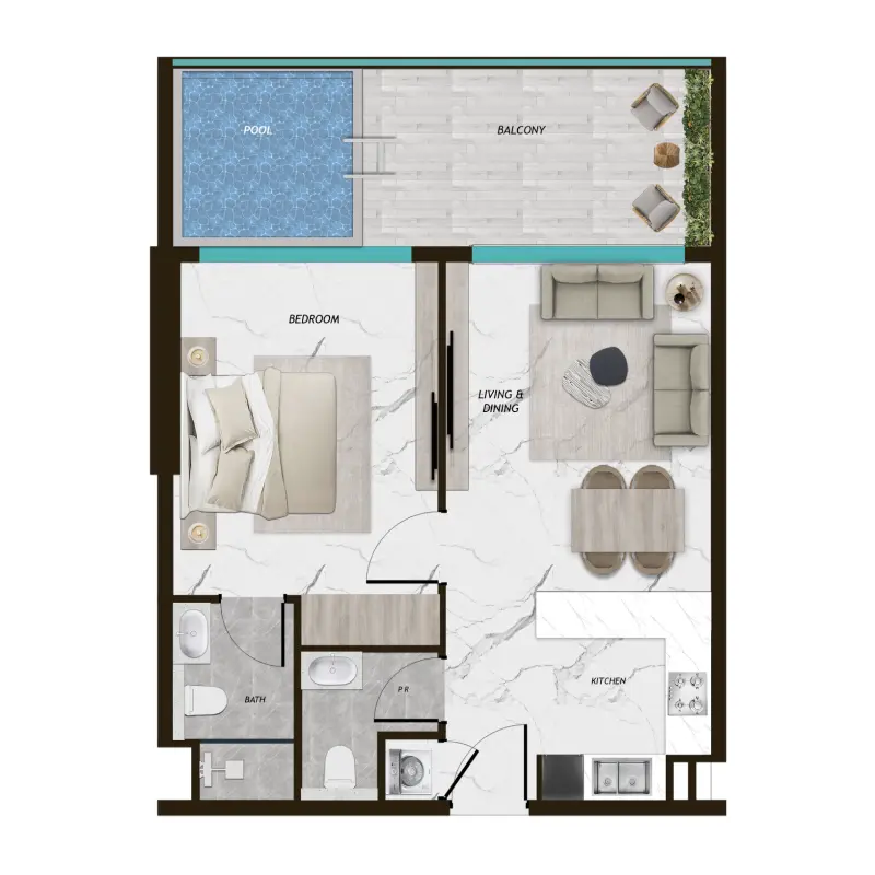 1 bedroom + pool floor plan