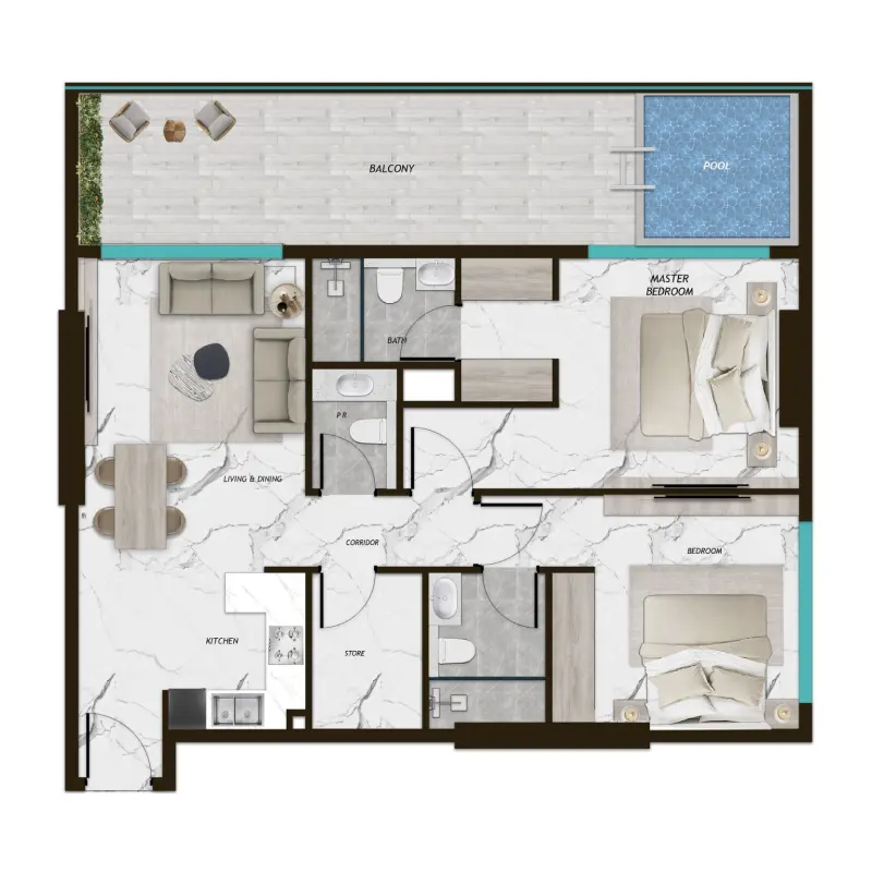 2 bedroom + pool floor plan
