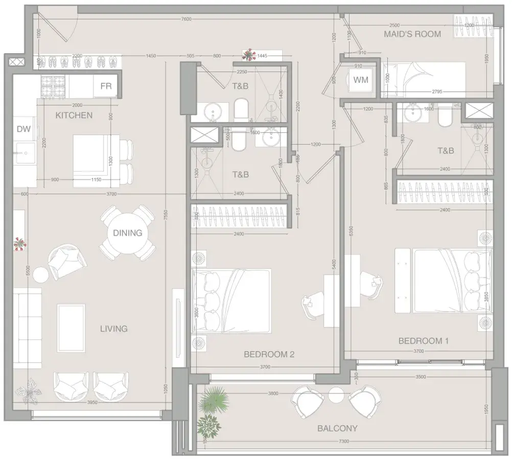2 Bedrooms apartments - VERDAN1A floor plan