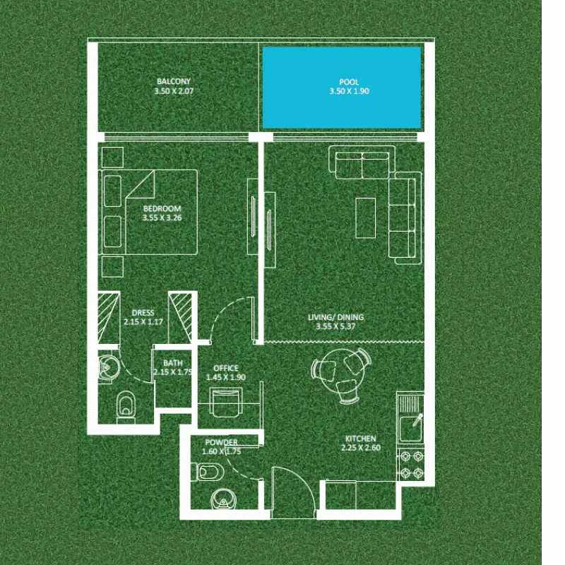 1 bedroom + pool floor plan