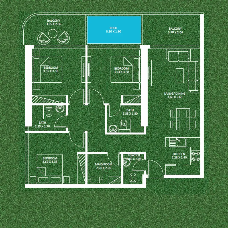 3 bedroom + pool floor plan
