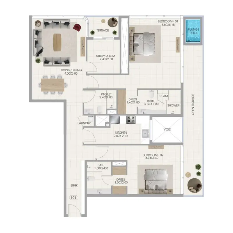 2 bedroom + pool floor plan