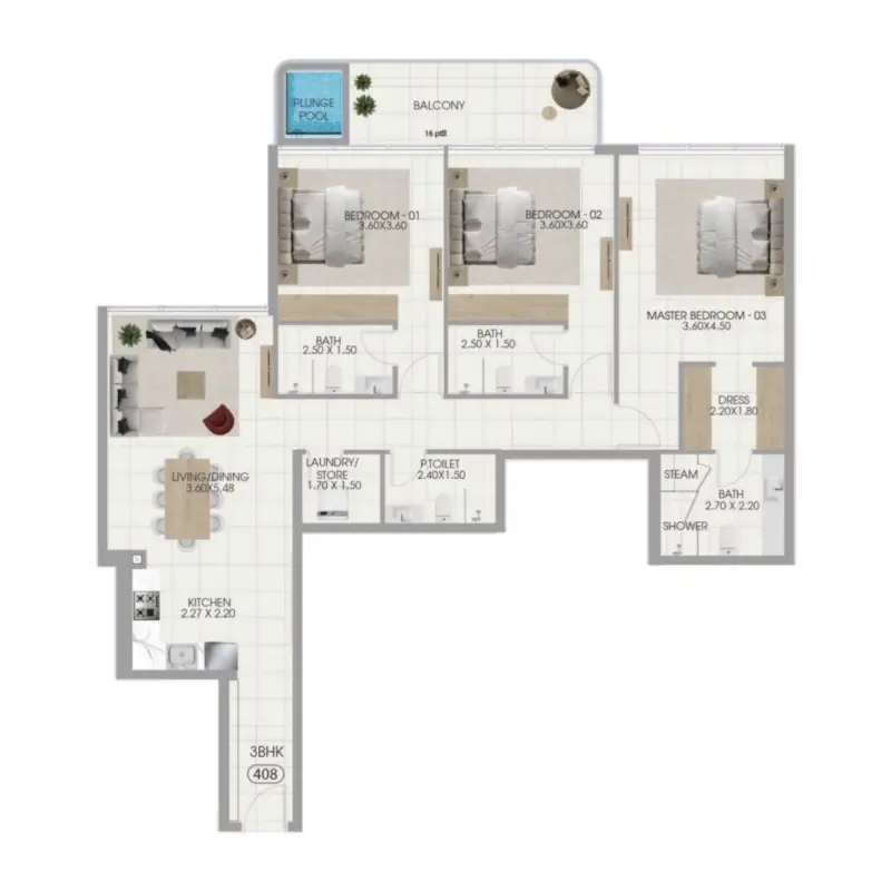 3 bedroom + pool floor plan