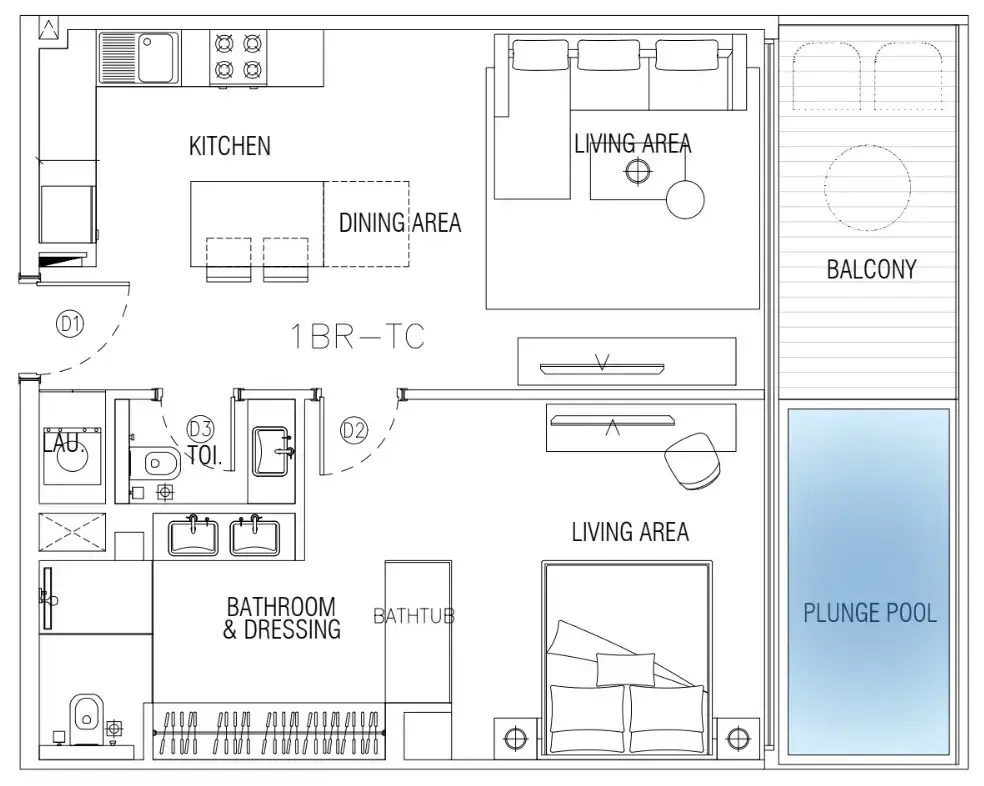 1 Bedroom hotel apartments - Sky Suites floor plan