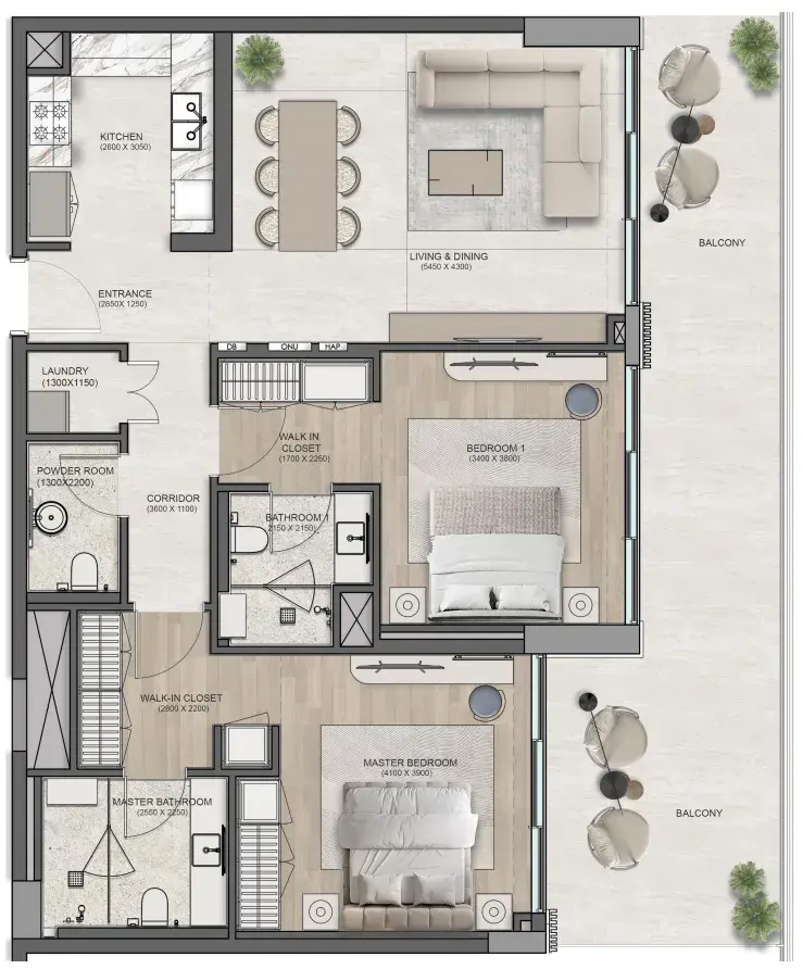 2 Bedrooms apartments - Flora Isle Beachfront Residences floor plan