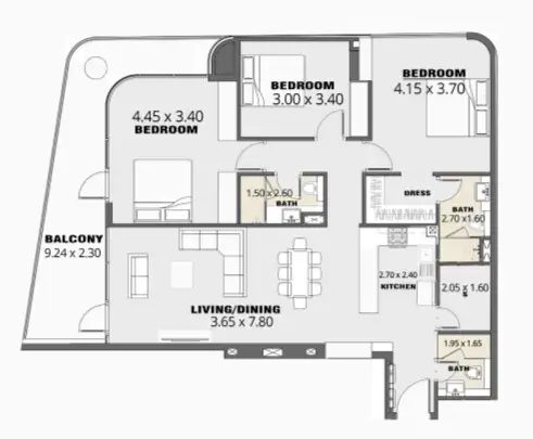 3 Bedrooms apartments - Volna by Kasco floor plan
