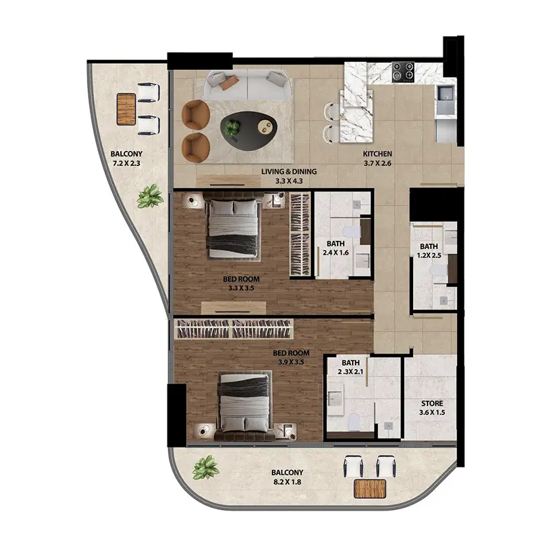 2 bedroom Apartments -  Marquis One floor plan
