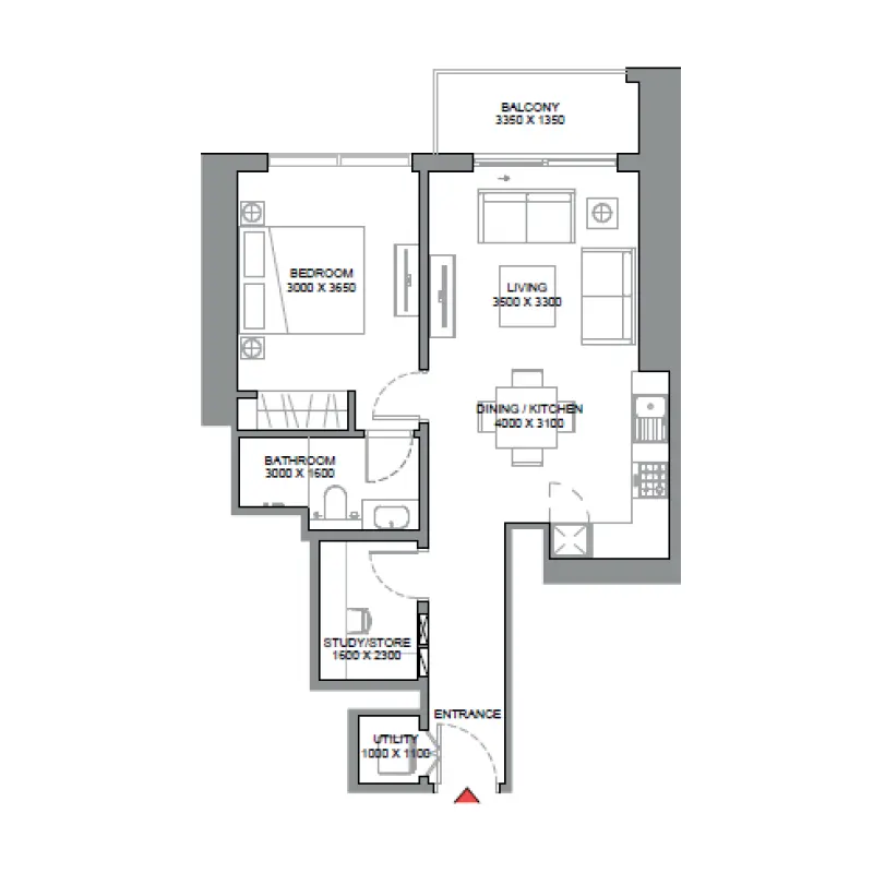1,5 bedroom floor plan