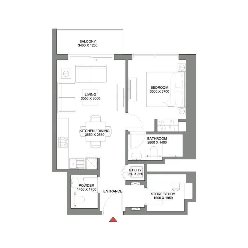 1,5 bedroom floor plan