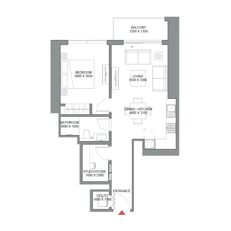 1,5 bedroom floor plan