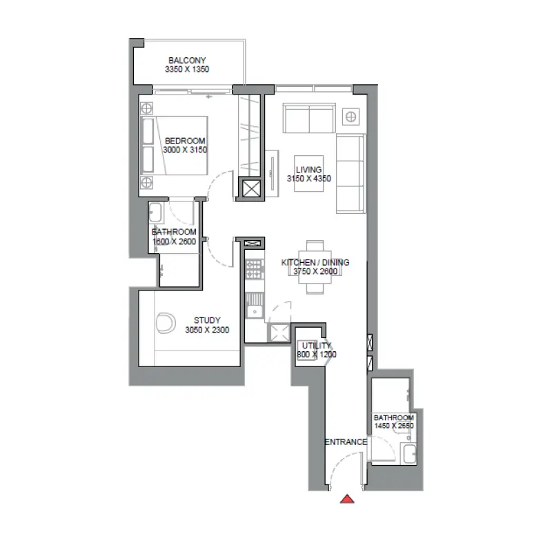 1,5 bedroom floor plan