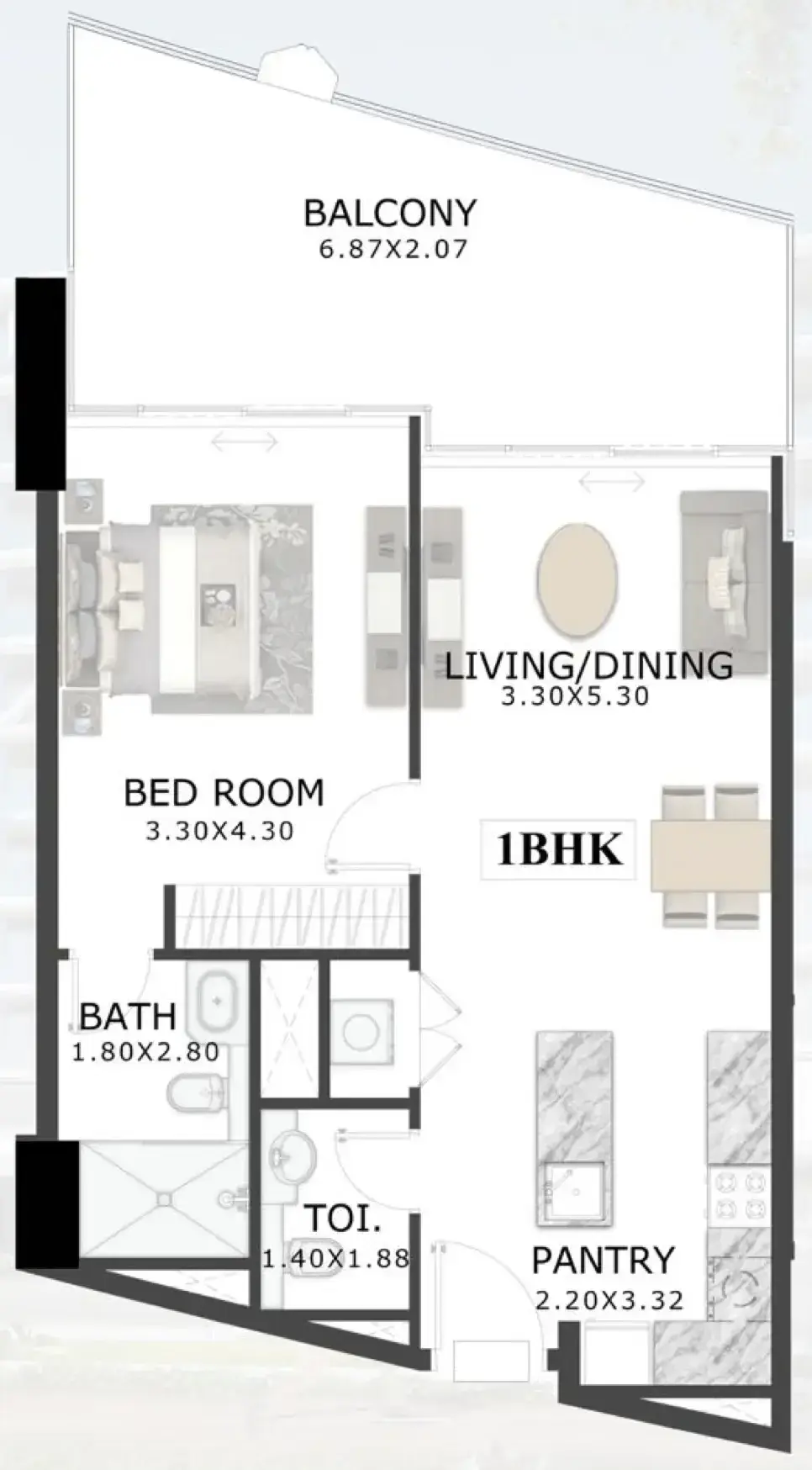 1 Bedroom apartments - 48 Parkside floor plan