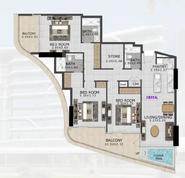 3 Bedrooms apartments - 48 Parkside floor plan