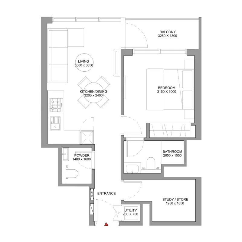 1,5 bedroom floor plan