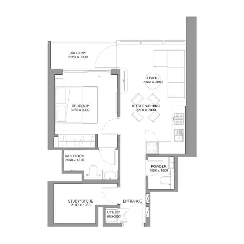 1,5 bedroom floor plan