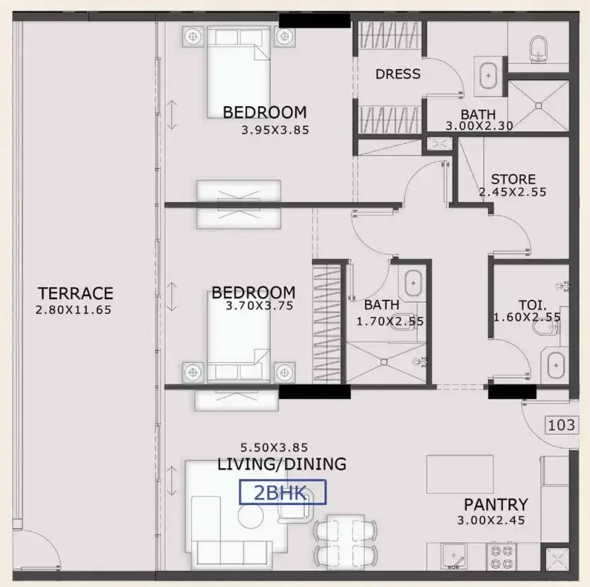 2 Bedrooms apartments - 99 Parkplace floor plan
